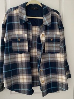 Lane Bryant Navy, Cream & Light Blue Plaid Shacket
